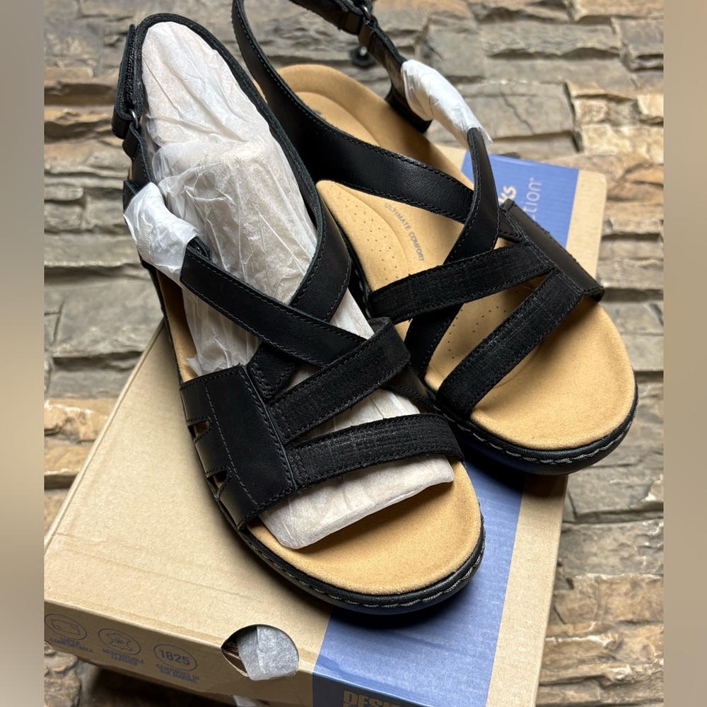 Clarks Womens Merliah Bonita Leather Adjustable Strap Sandals Black 8.5W NEW